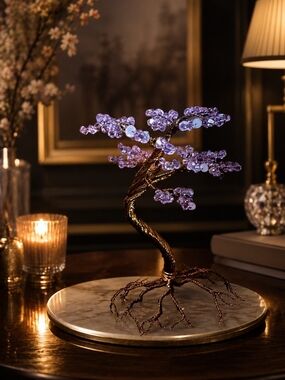 Hand Crafted Lavender Crystal Bonsai Table Sculpture